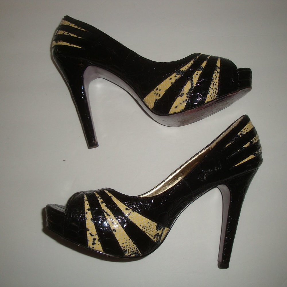 Vintage Hale Bob Animal Print Black Platform Peep Toe Heels Shoes Sz 7